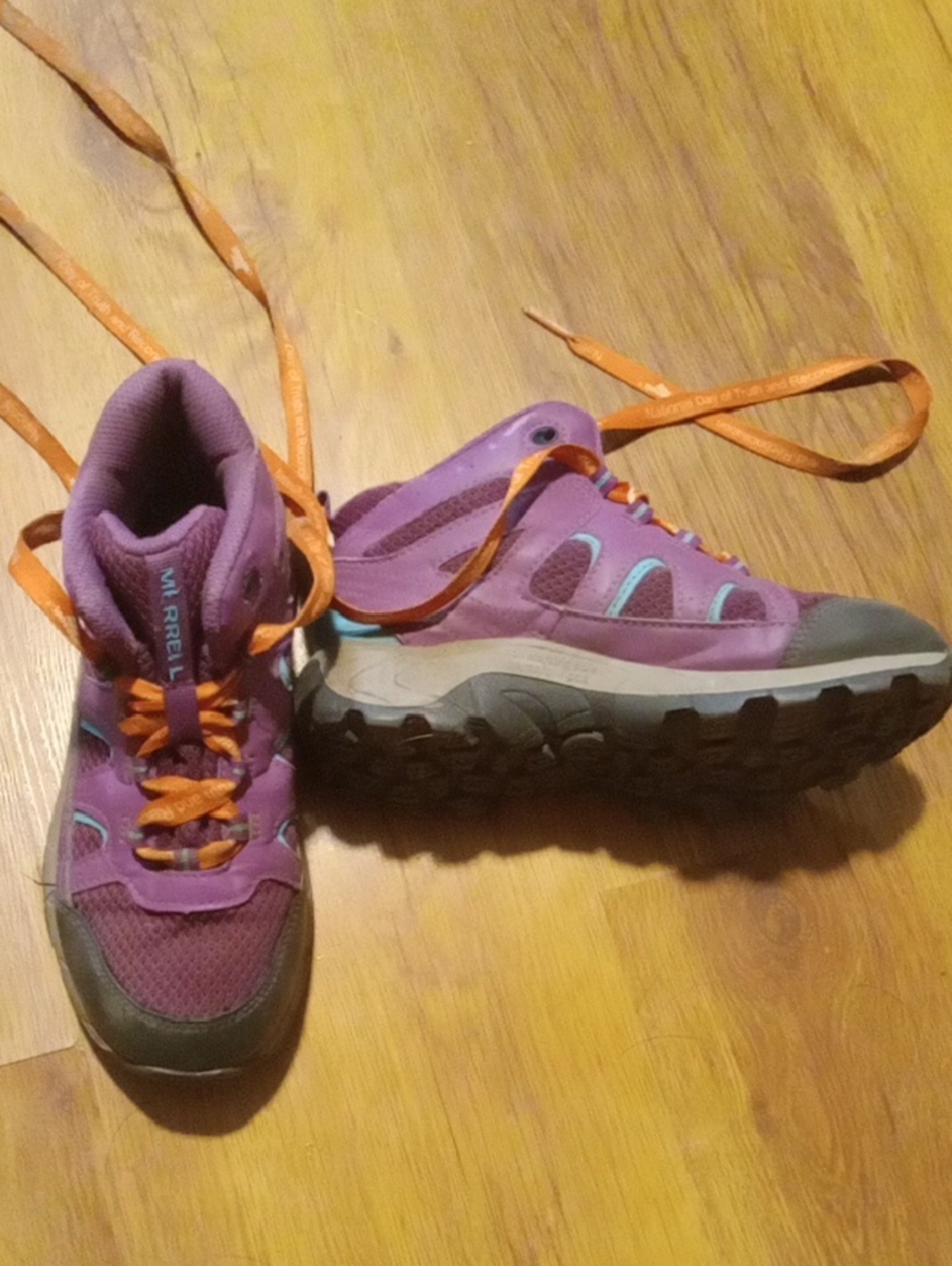Kids Purple Outdoor Merrell Hiking Boots with Orange Laces